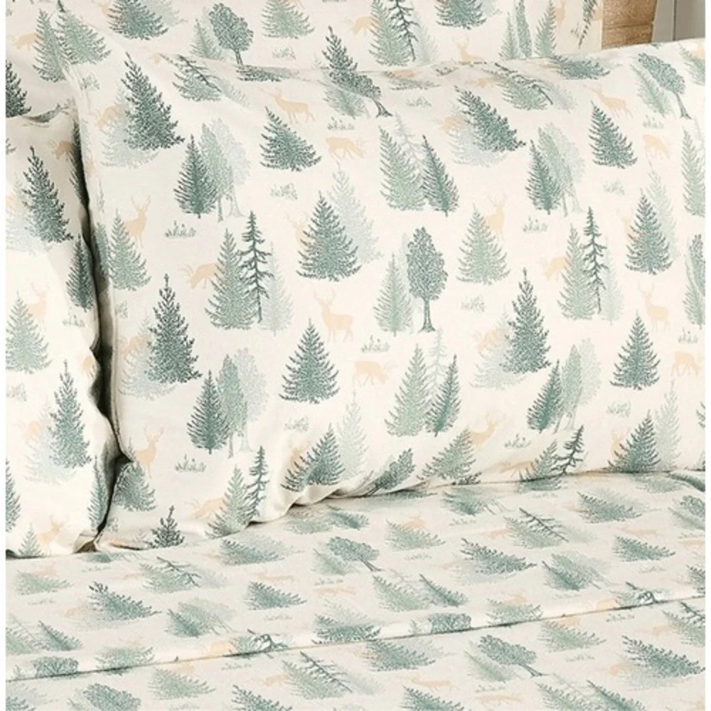 Home Reflections Queen Flannel Sheet Set 6pc Green Pine‎ Tree Deer H492286 NWOT